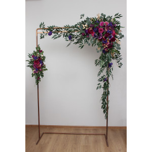 Jewel tone flower arch arrangement in purple magenta and gold colors.  Arbor flowers. Floral archway. Faux flowers for wedding arch. 5273