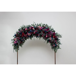 Rich jewel-tone wedding arch flowers in emerald green, purple, magenta, teal, and navy blue. Archway wedding florals.  5055