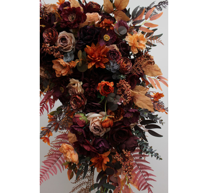 Flower Arch Arrangement in Plum, Purple, Orange, Rust & Beige | Faux Floral Archway for Wedding