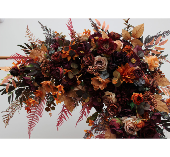Flower Arch Arrangement in Plum, Purple, Orange, Rust & Beige | Faux Floral Archway for Wedding