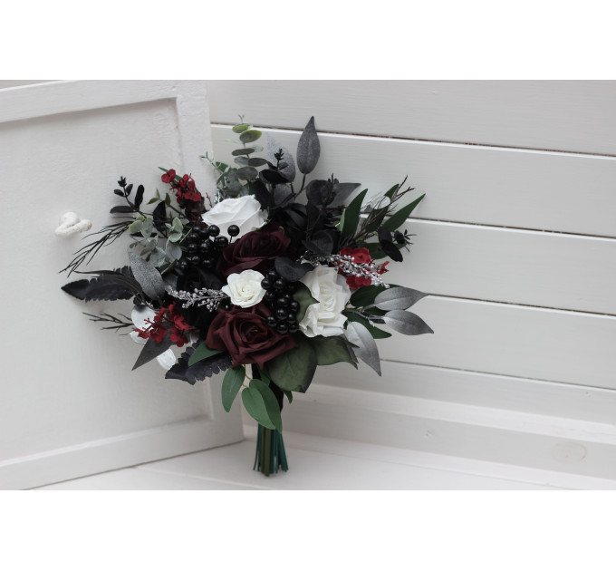 Burgundy, Black, White, Silver, and Emerald Green Wedding Bouquets – Cascading & Boho Designs