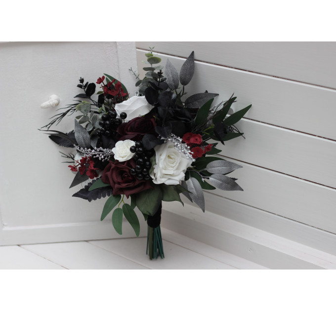 Burgundy, Black, White, Silver, and Emerald Green Wedding Bouquets – Cascading & Boho Designs