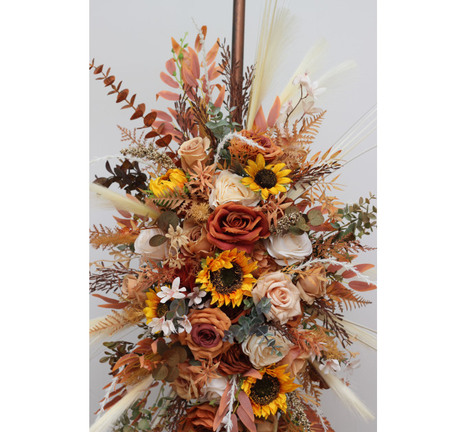 Flower Arch Arrangement in Orange, Rust & Beige with Pampas Grass | Faux Wedding Arch with Sunflowers