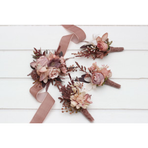  Wedding boutonnieres and wrist corsage  in beige, terracotta, blush pink and dusty rose color scheme. Flower accessories. 5255