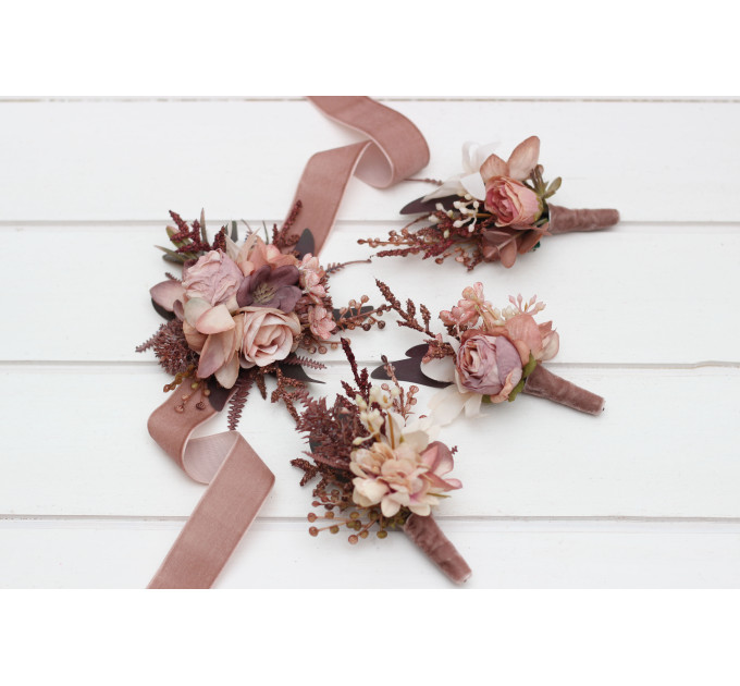 Beige, Terracotta, Blush Pink & Dusty Rose Boutonnieres & Wrist Corsages – Faux Wedding Accessories