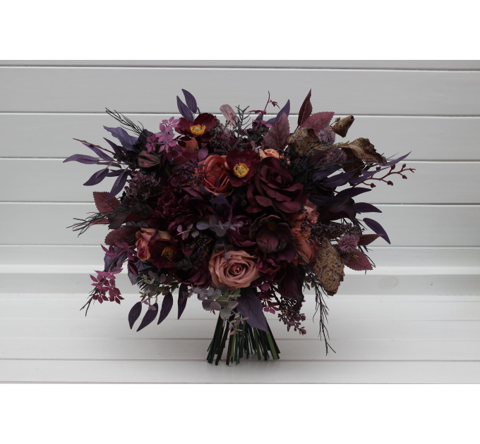 Moody Wedding Bouquet – Faux Bridal Flowers in Purple, Black & Dusty Rose