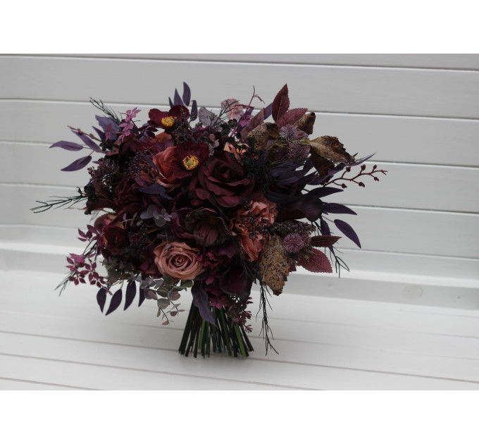 Moody Wedding Bouquet – Faux Bridal Flowers in Purple, Black & Dusty Rose