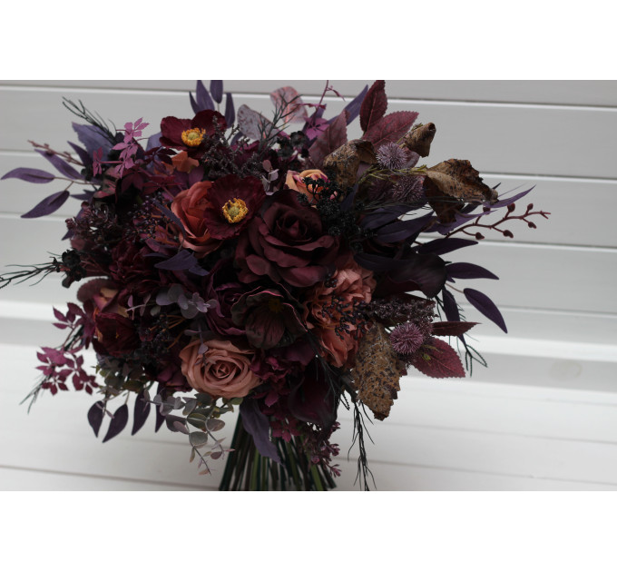 Moody Wedding Bouquet – Faux Bridal Flowers in Purple, Black & Dusty Rose