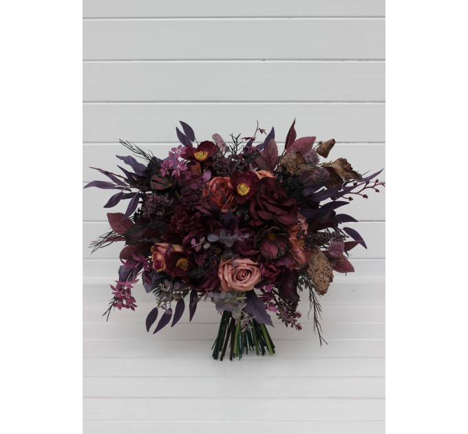 Moody Wedding Bouquet – Faux Bridal Flowers in Purple, Black & Dusty Rose