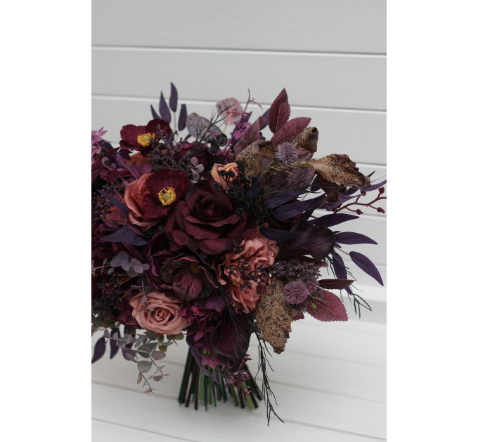 Moody Wedding Bouquet – Faux Bridal Flowers in Purple, Black & Dusty Rose