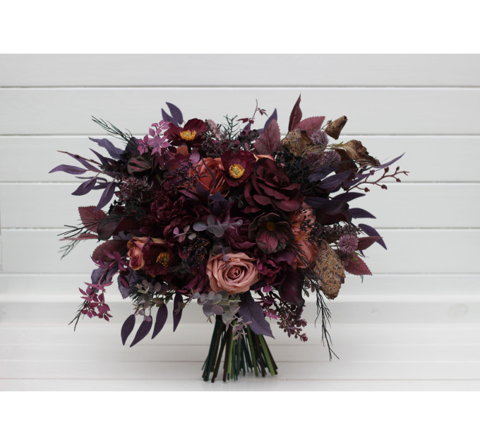 Moody Wedding Bouquet – Faux Bridal Flowers in Purple, Black & Dusty Rose