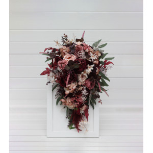 Cascading wedding wouquet in burgundy, dusty rose, and blush pink  colors. Artificial bridal blooms. Bridesmaid bouquet . 5256