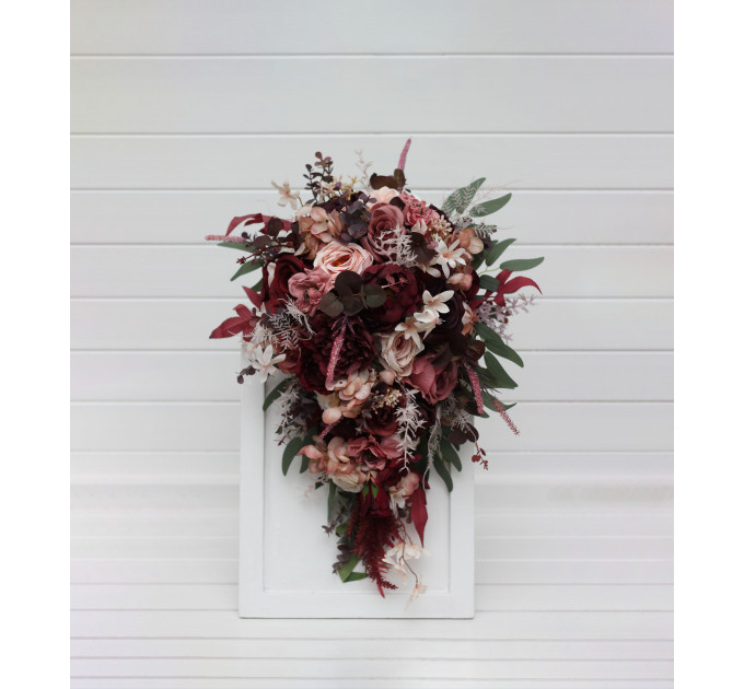 Cascading Wedding Bouquet – Faux Bridal Flowers in Burgundy, Dusty Rose & Blush Pink