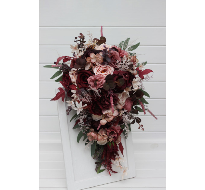 Cascading Wedding Bouquet – Faux Bridal Flowers in Burgundy, Dusty Rose & Blush Pink