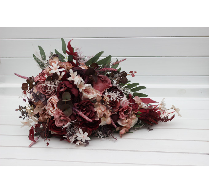 Cascading Wedding Bouquet – Faux Bridal Flowers in Burgundy, Dusty Rose & Blush Pink