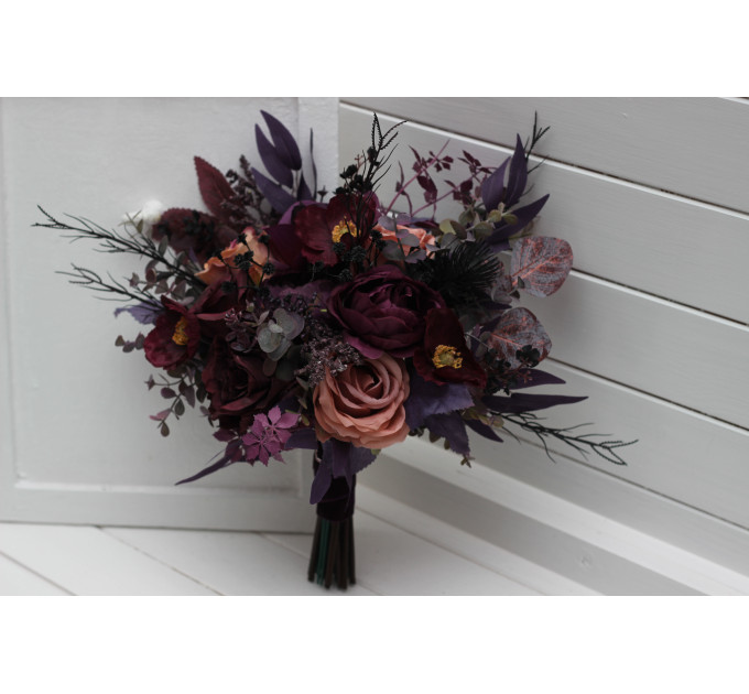 Moody Wedding Bouquet – Faux Bridal Flowers in Purple, Black & Dusty Rose
