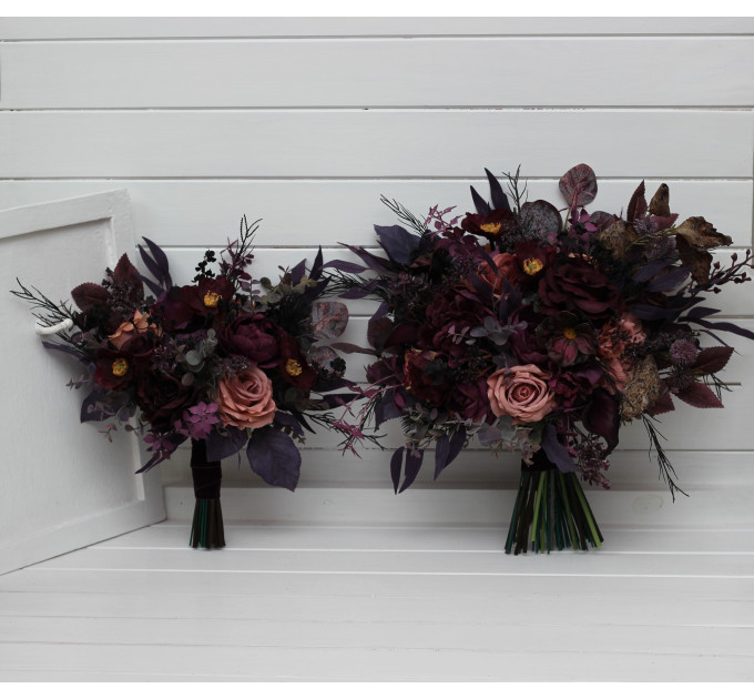 Moody Wedding Bouquet – Faux Bridal Flowers in Purple, Black & Dusty Rose