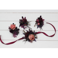  Moody wedding  in purple, black, and dusty rose. Set of boutonnieres and wrist corsage.   