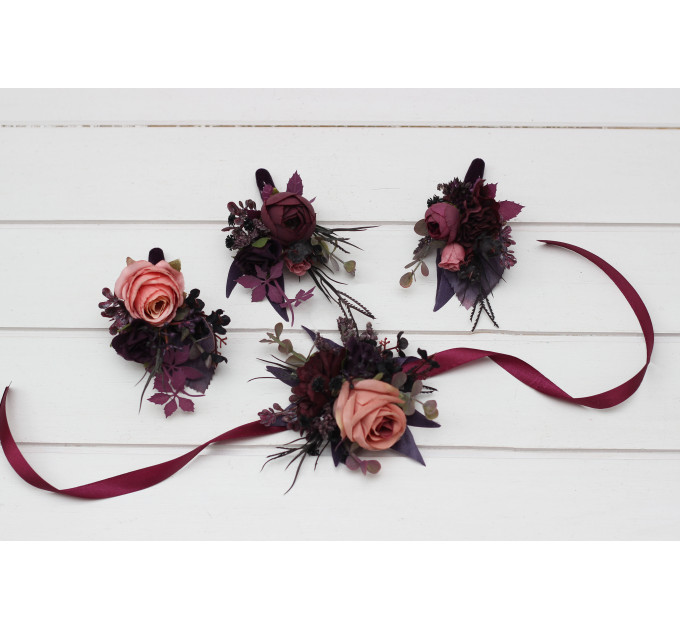 Moody Wedding Boutonniere & Corsage Set – Faux Florals in Purple, Black & Dusty Rose
