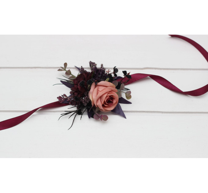 Moody Wedding Boutonniere & Corsage Set – Faux Florals in Purple, Black & Dusty Rose