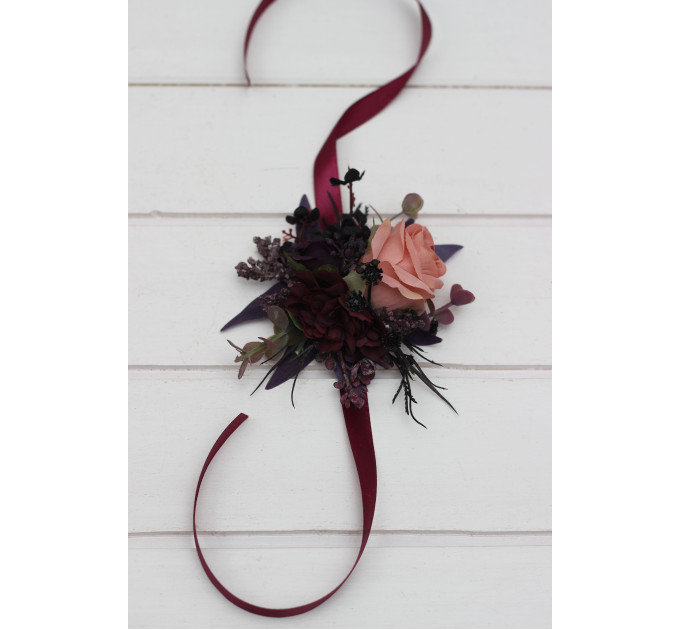 Moody Wedding Boutonniere & Corsage Set – Faux Florals in Purple, Black & Dusty Rose