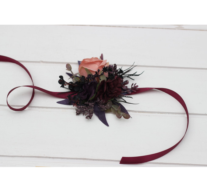 Moody Wedding Boutonniere & Corsage Set – Faux Florals in Purple, Black & Dusty Rose