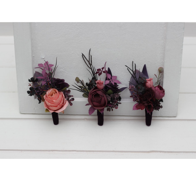 Moody Wedding Boutonniere & Corsage Set – Faux Florals in Purple, Black & Dusty Rose