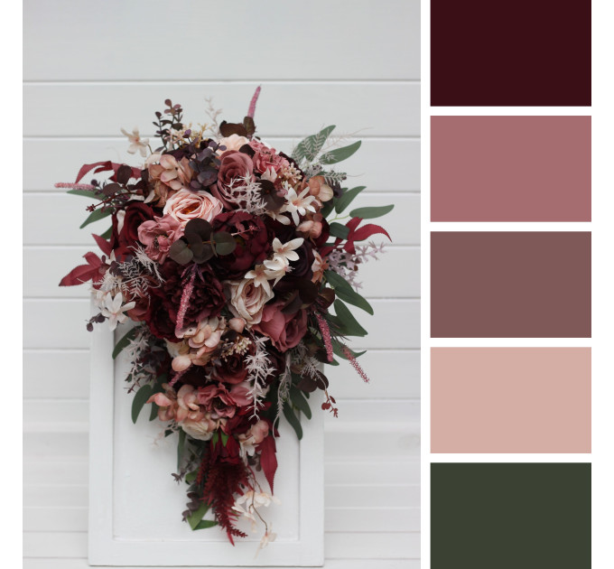 Cascading Wedding Bouquet – Faux Bridal Flowers in Burgundy, Dusty Rose & Blush Pink