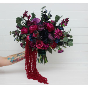 Jewel tone wedding bouquets. Bridal bouquet in  deep shades of navy blue, magenta, fuchsia, purple, and emerald green. Faux flowers. Bridesmaid bouquet. 5416
