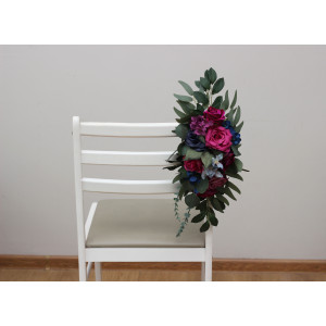 Aisle flowers in jewel tone color scheme. Chair flowers in navy blue, magenta, fuchsia, purple, and emerald green colors. Sign flowers. Marker flowers. Wedding flowers. Flowers for wedding decor. 5416