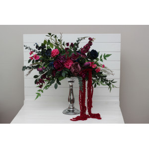 Standing flowers in navy blue, magenta, fuchsia, purple, and emerald green color scheme. Aisle flowers. Wedding decoration for stand. 5416