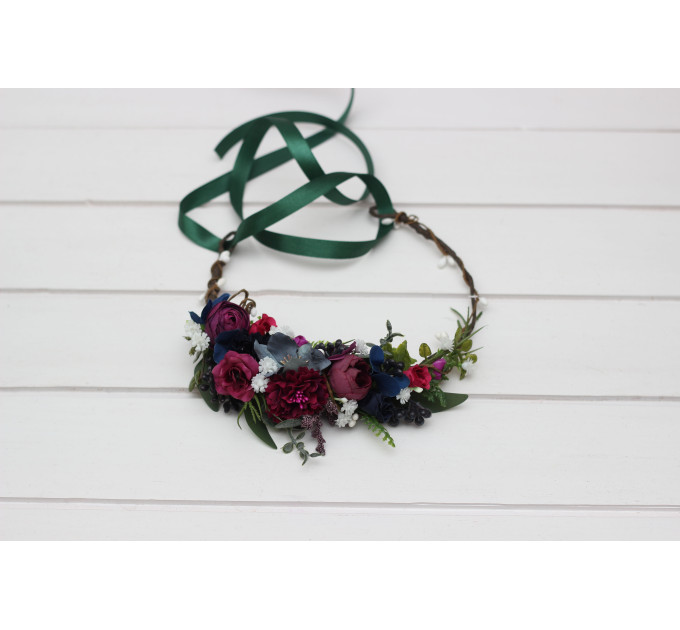 Jewel-Tone Flower Crown – Faux Floral Hair Wreath in Navy, Magenta & Emerald