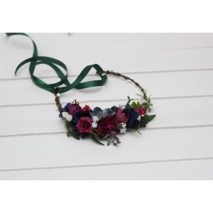 Flower crown in jewel tone color scheme. Hair wreath in navy blue, magenta, fuchsia, purple, and emerald green colors. Flower girl crown. Wedding flowers. 5416
