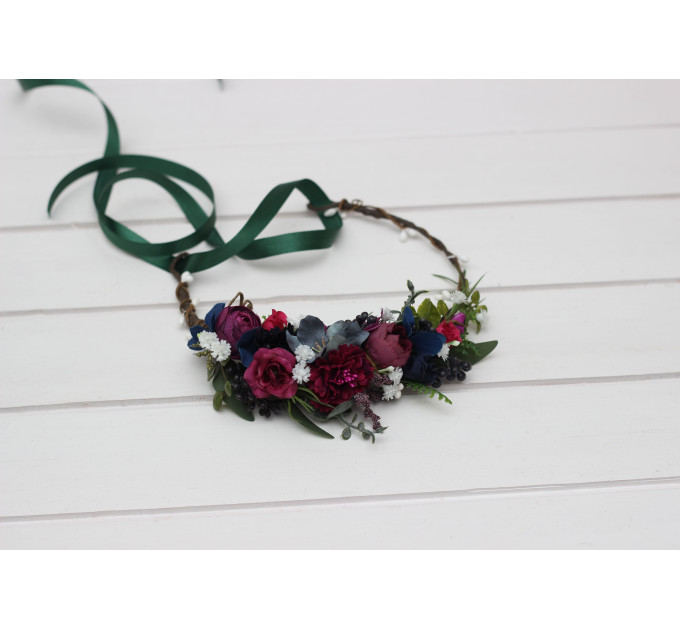 Jewel-Tone Flower Crown – Faux Floral Hair Wreath in Navy, Magenta & Emerald