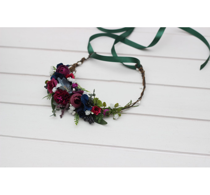 Jewel-Tone Flower Crown – Faux Floral Hair Wreath in Navy, Magenta & Emerald