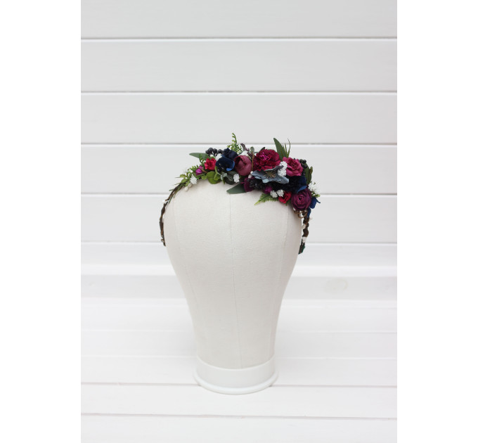 Jewel-Tone Flower Crown – Faux Floral Hair Wreath in Navy, Magenta & Emerald