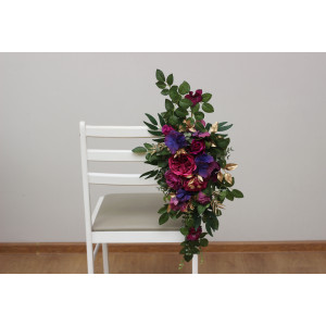 Aisle flowers in jewel tone scheme. Purple magenta and gold hair flowers. Sign flowers. Marker flowers. Flowers for wedding decor. 5273