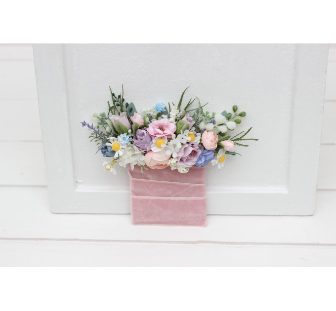 Lilac, Ivory & Blush Pink Wildflower Pocket Boutonniere – Faux Square Floral Accessory for Suit Jacket