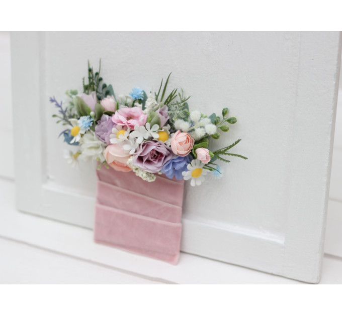 Lilac, Ivory & Blush Pink Wildflower Pocket Boutonniere – Faux Square Floral Accessory for Suit Jacket