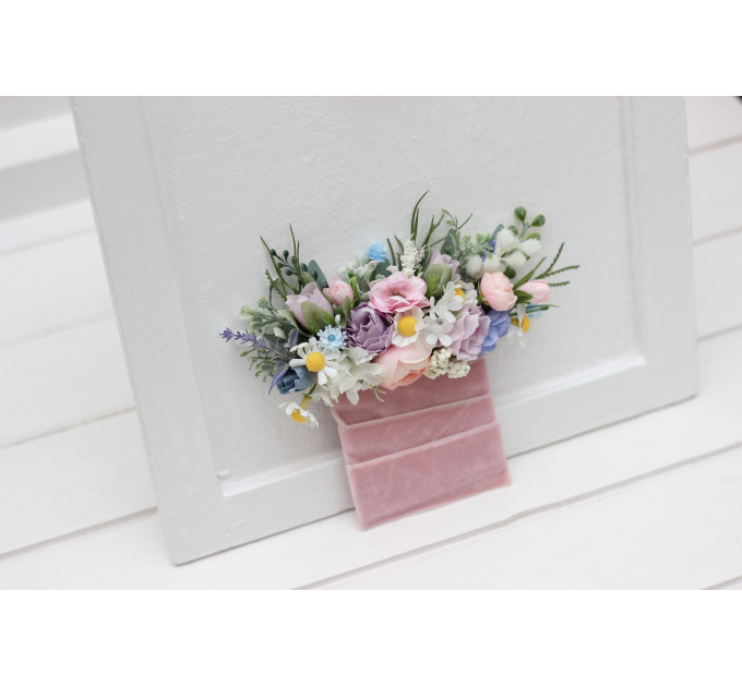 Lilac, Ivory & Blush Pink Wildflower Pocket Boutonniere – Faux Square Floral Accessory for Suit Jacket