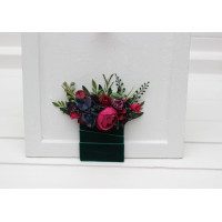 Pocket boutonniere in jewel tone color scheme. Flower accessories. Pocket flowers in navy blue,magenta, fuchsia, purple, and emerald green colors. Square flowers. 5416