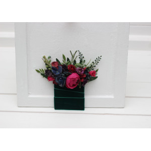 Pocket boutonniere in jewel tone color scheme. Flower accessories. Pocket flowers in navy blue,magenta, fuchsia, purple, and emerald green colors. Square flowers. 5416