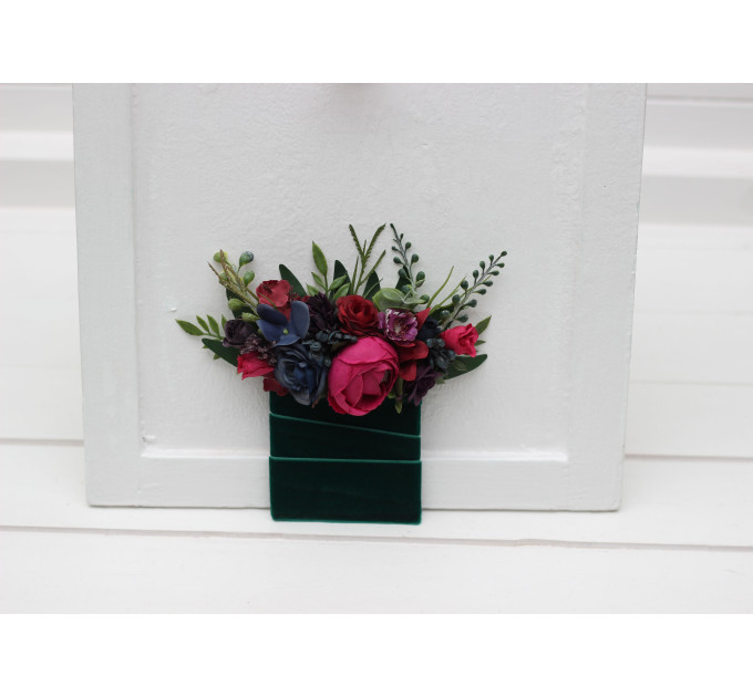 Jewel-Tone Pocket Boutonniere – Faux Square Flowers in Navy, Magenta & Emerald