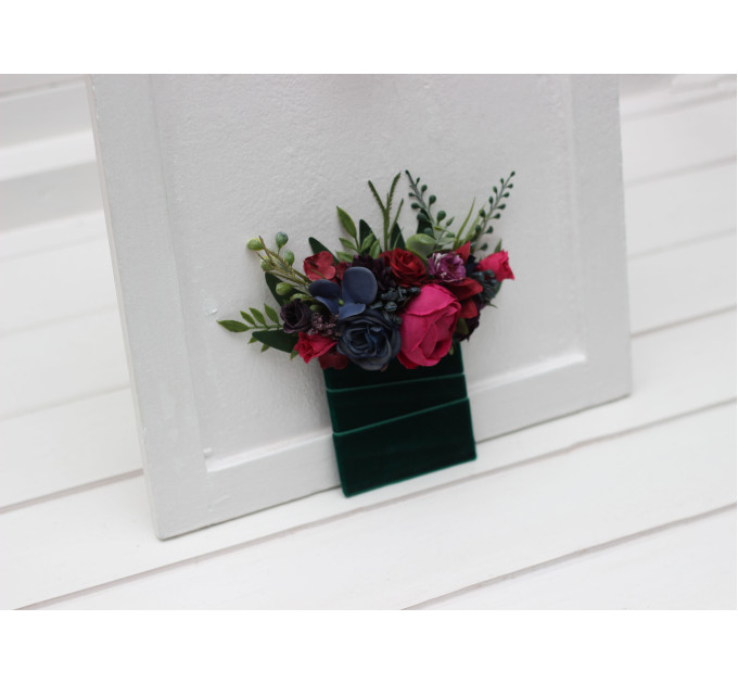 Jewel-Tone Pocket Boutonniere – Faux Square Flowers in Navy, Magenta & Emerald
