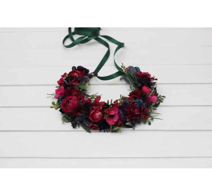 Navy, Magenta, Fuchsia, Purple & Emerald Flower Crown – Faux Floral Hair Wreath for Bride or Flower Girl
