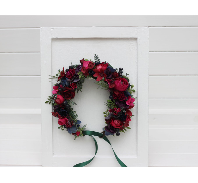 Navy, Magenta, Fuchsia, Purple & Emerald Flower Crown – Faux Floral Hair Wreath for Bride or Flower Girl