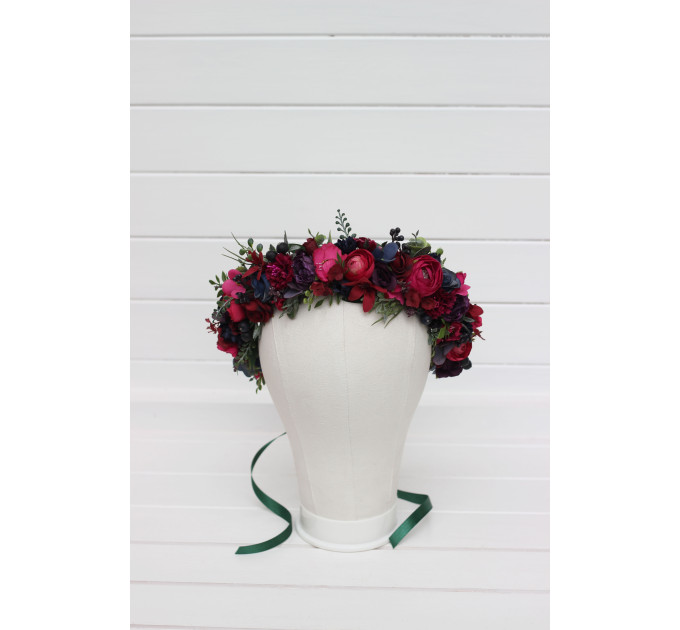 Navy, Magenta, Fuchsia, Purple & Emerald Flower Crown – Faux Floral Hair Wreath for Bride or Flower Girl