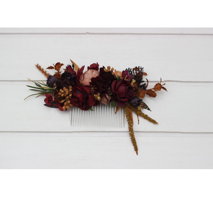 Purple, Burgundy, Beige & Cinnamon Flower Comb – Faux Floral Hairpiece for Bride or Bridesmaid