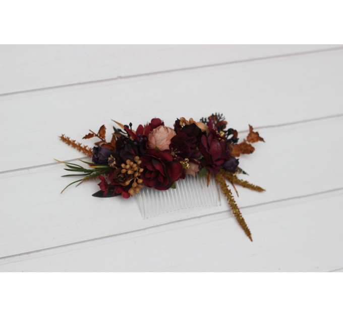 Purple, Burgundy, Beige & Cinnamon Flower Comb – Faux Floral Hairpiece for Bride or Bridesmaid