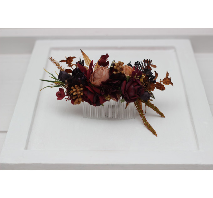 Purple, Burgundy, Beige & Cinnamon Flower Comb – Faux Floral Hairpiece for Bride or Bridesmaid